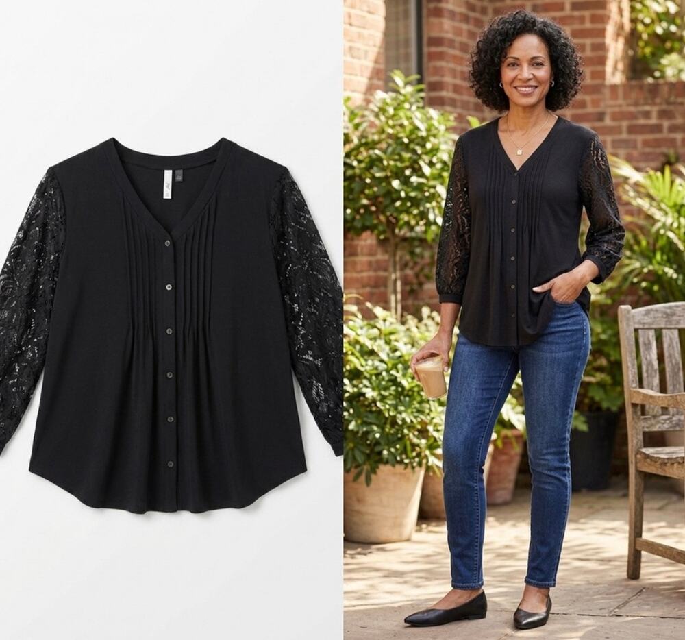 NY Collection Black Pintuck Blouse with Floral Lace Sleeves 1X